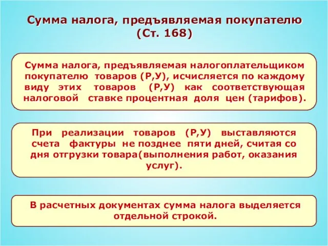 Сумма налога, предъявляемая покупателю (Ст. 168) Сумма налога, предъявляемая налогоплательщиком покупателю товаров