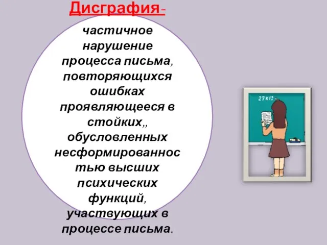 Дисграфия- частичное нарушение процесса письма, повторяющихся ошибках проявляющееся в стойких,, обусловленных несформированностью