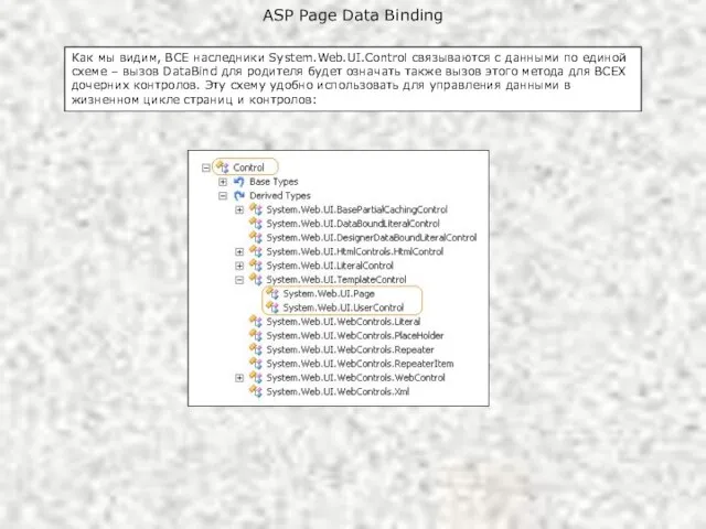 ASP Page Data Binding Как мы видим, ВСЕ наследники System.Web.UI.Control связываются с