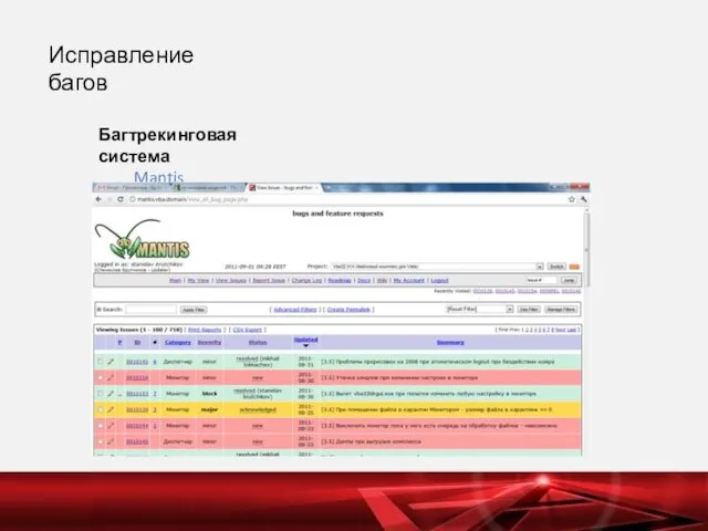 Исправление багов Багтрекинговая система Mantis
