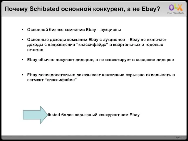 Почему Schibsted основной конкурент, а не Ebay? Основной бизнес компании Ebay –