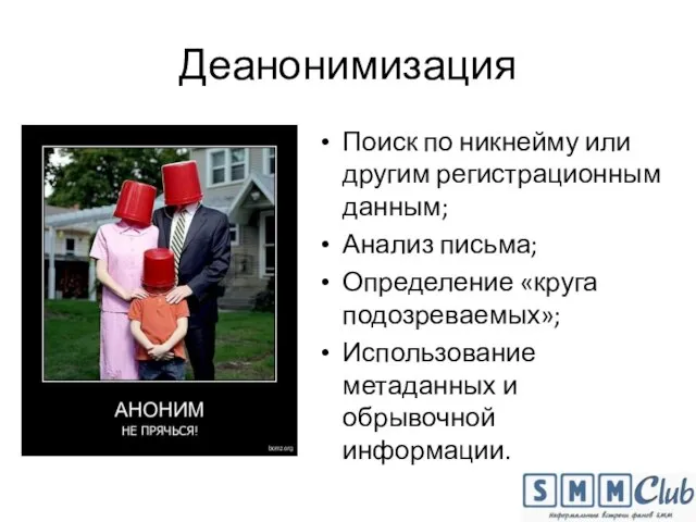 Деанонимизация Поиск по никнейму или другим регистрационным данным; Анализ письма; Определение «круга