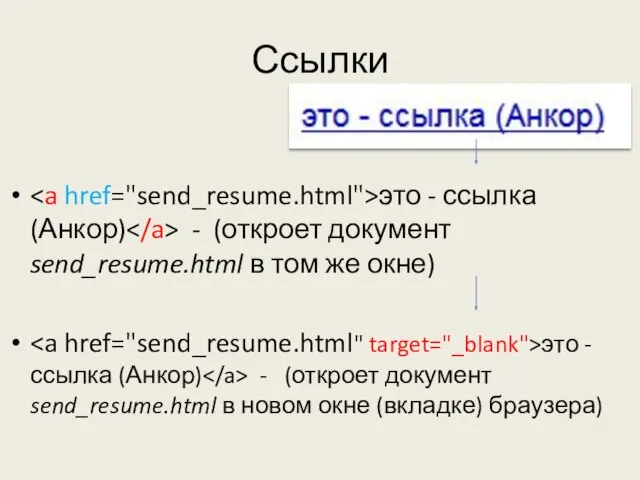 Ссылки это - ссылка (Анкор) - (откроет документ send_resume.html в том же