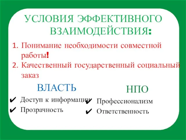 УСЛОВИЯ ЭФФЕКТИВНОГО ВЗАИМОДЕЙСТВИЯ: Понимание необходимости совместной работы! Качественный государственный социальный заказ ВЛАСТЬ