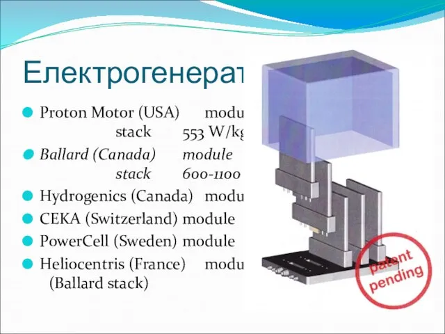 Електрогенератори Proton Motor (USA) module 70 W/kg stack 553 W/kg Ballard (Canada)