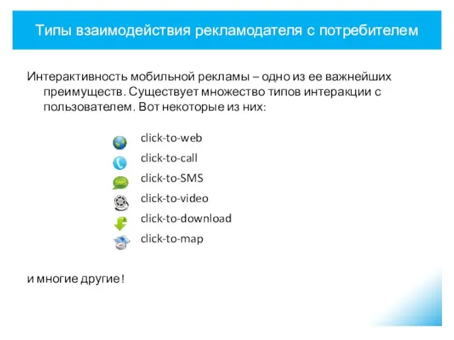 Типы взаимодействия рекламодателя с потребителем Интерактивность мобильной рекламы – одно из ее