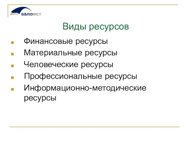 Виды ресурсов Финансовые ресурсы Материальные ресурсы Человеческие ресурсы Профессиональные ресурсы Информационно-методические ресурсы