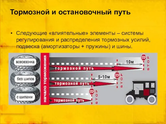 Тормозной и остановочный путь Следующие «влиятельные» элементы – системы регулирования и распределения