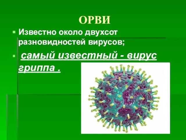 ОРВИ Известно около двухсот разновидностей вирусов; самый известный - вирус гриппа .