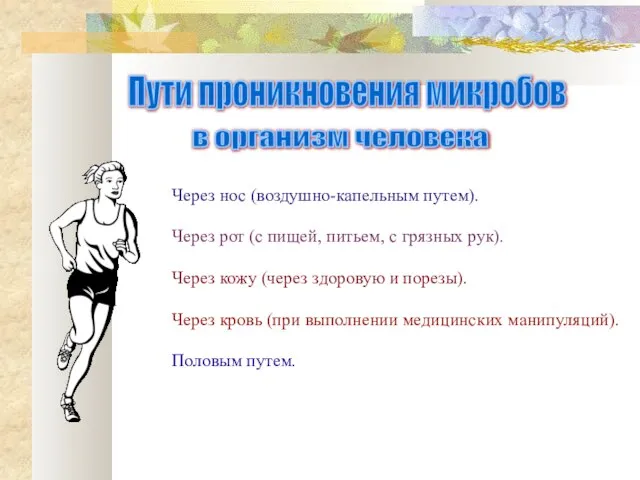 Пути проникновения микробов в организм человека Через нос (воздушно-капельным путем). Через рот