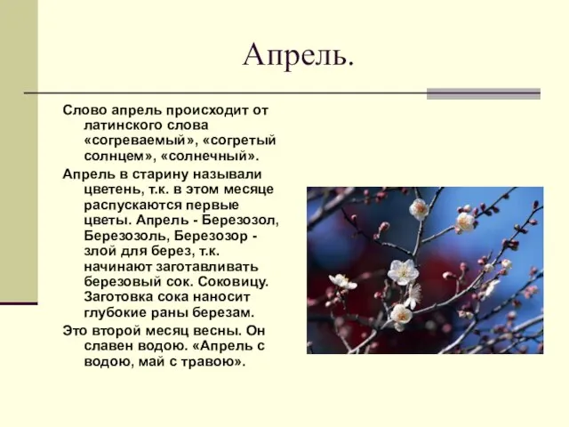 Апрель. Слово апрель происходит от латинского слова «согреваемый», «согретый солнцем», «солнечный». Апрель