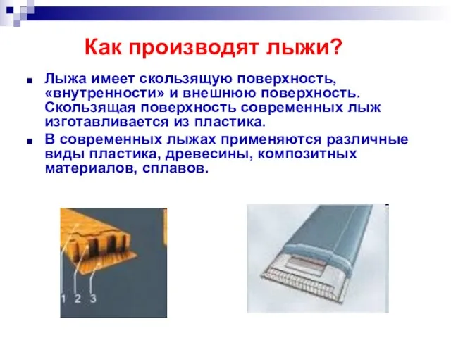 Как производят лыжи? Лыжа имеет скользящую поверхность, «внутренности» и внешнюю поверхность. Скользящая