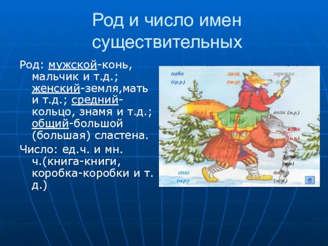 Род и число имен существительных Род: мужской-конь, мальчик и т.д.; женский-земля,мать и