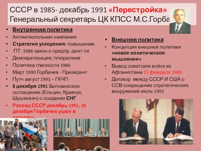 СССР в 1985- декабрь 1991 «Перестройка» Генеральный секретарь ЦК КПСС М.С.Горбачев Внутренняя