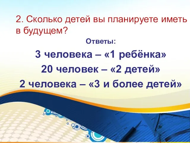 2. Сколько детей вы планируете иметь в будущем? Ответы: 3 человека –