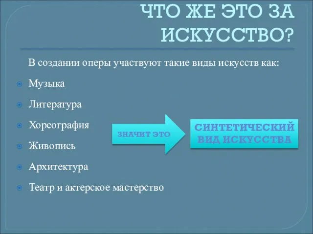 ЧТО ЖЕ ЭТО ЗА ИСКУССТВО? В создании оперы участвуют такие виды искусств