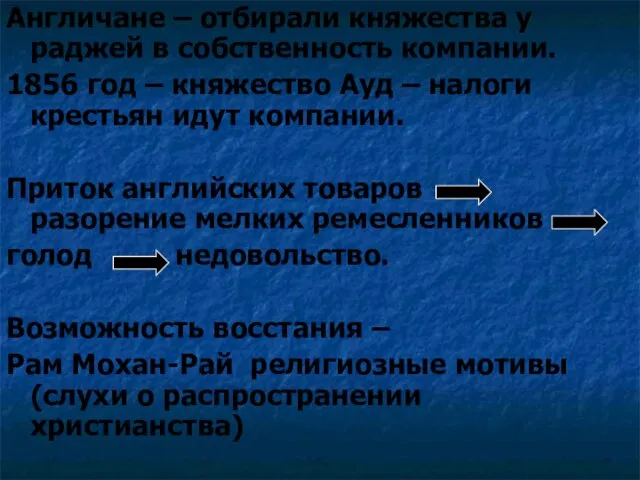 Англичане – отбирали княжества у раджей в собственность компании. 1856 год –