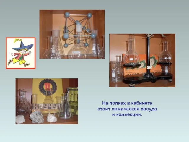 На полках в кабинете стоит химическая посуда и коллекции.