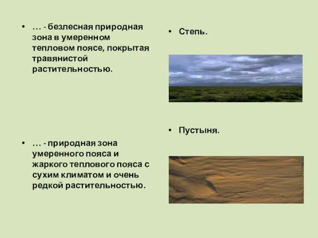 … - безлесная природная зона в умеренном тепловом поясе, покрытая травянистой растительностью.