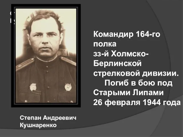 Степан Андреевич Кушнаренко Степан Андреевич Кушнаренко Командир 164-го полка зз-й Холмско-Берлинской стрелковой