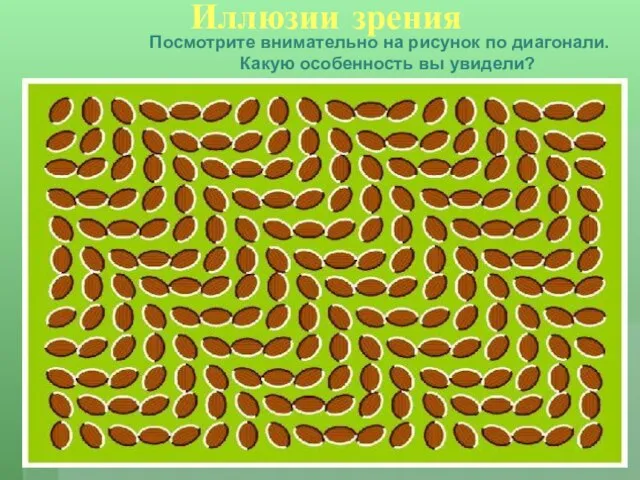 Иллюзии зрения Посмотрите внимательно на рисунок по диагонали. Какую особенность вы увидели?