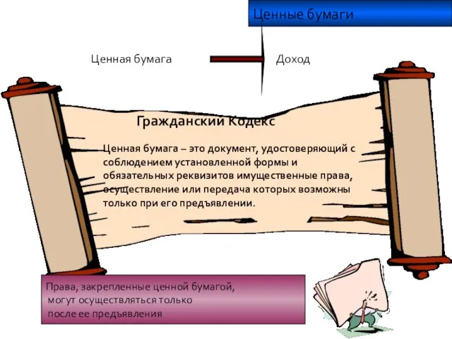 Ценные бумаги Гражданский Кодекс Ценная бумага – это документ, удостоверяющий с соблюдением