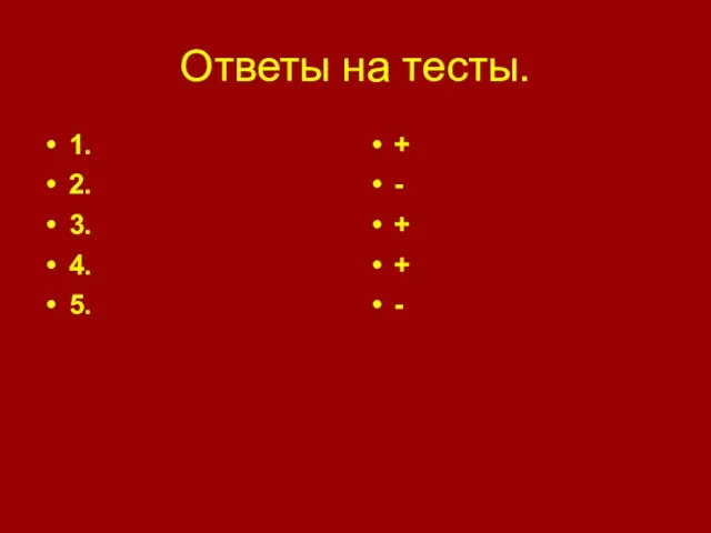 Ответы на тесты. 1. 2. 3. 4. 5. + - + + -