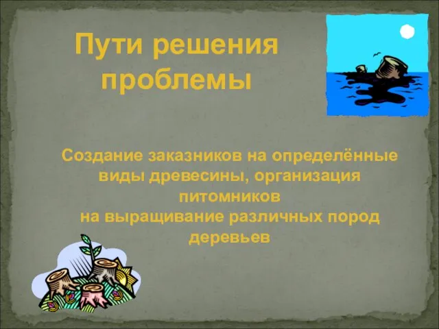 Пути решения проблемы Создание заказников на определённые виды древесины, организация питомников на выращивание различных пород деревьев