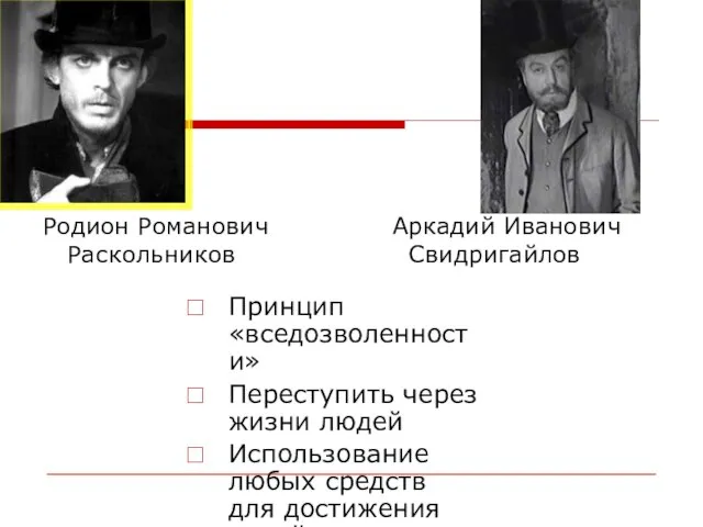 Родион Романович Аркадий Иванович Раскольников Свидригайлов Принцип «вседозволенности» Переступить через жизни людей