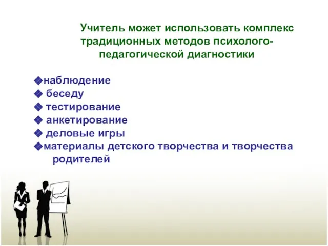 Учитель может использовать комплекс традиционных методов психолого-педагогической диагностики наблюдение беседу тестирование анкетирование