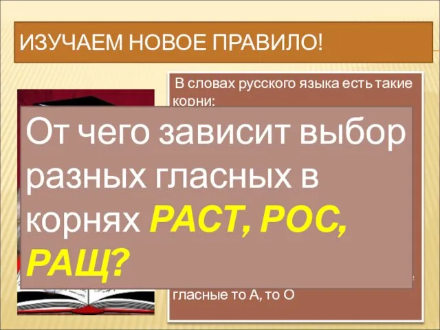 ИЗУЧАЕМ НОВОЕ ПРАВИЛО! В словах русского языка есть такие корни: РАСТ РАЩ