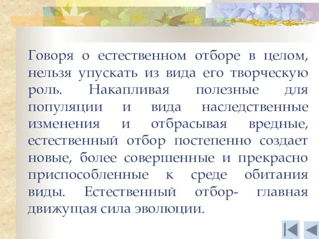 Говоря о естественном отборе в целом, нельзя упускать из вида его творческую