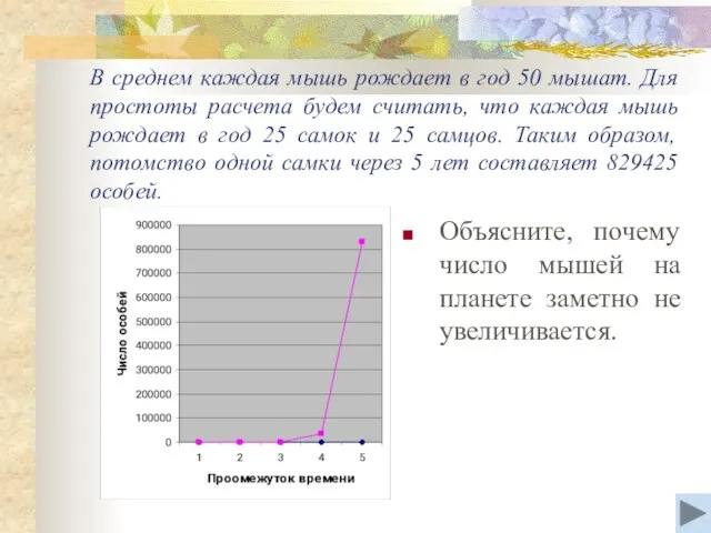 В среднем каждая мышь рождает в год 50 мышат. Для простоты расчета