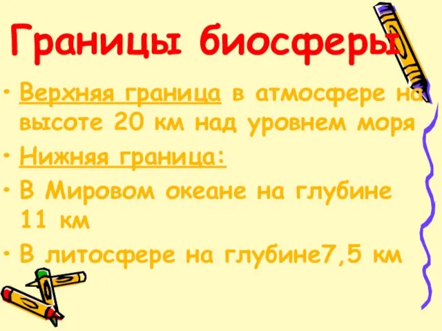 Границы биосферы Верхняя граница в атмосфере на высоте 20 км над уровнем