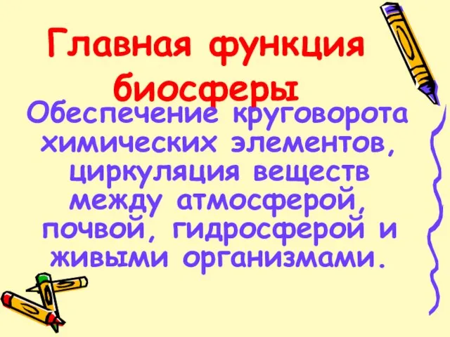 Главная функция биосферы Обеспечение круговорота химических элементов, циркуляция веществ между атмосферой, почвой, гидросферой и живыми организмами.