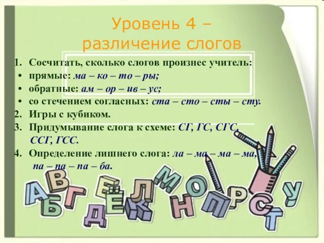 Уровень 4 – различение слогов Сосчитать, сколько слогов произнес учитель: прямые: ма