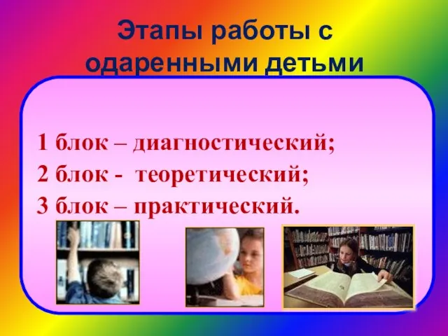 Этапы работы с одаренными детьми 1 блок – диагностический; 2 блок -