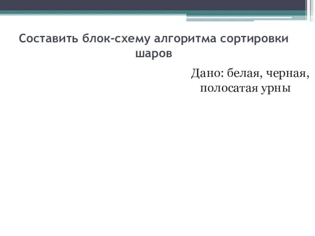 Составить блок-схему алгоритма сортировки шаров Дано: белая, черная, полосатая урны