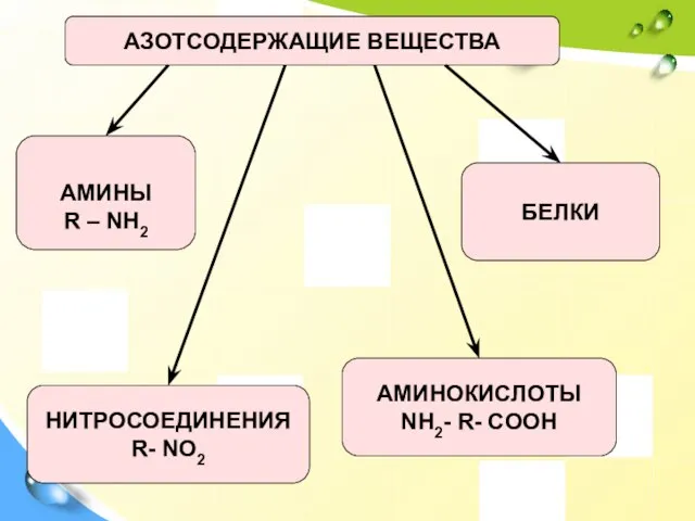 АЗОТСОДЕРЖАЩИЕ ВЕЩЕСТВА АМИНЫ R – NH2 АМИНОКИСЛОТЫ NH2- R- COOH БЕЛКИ НИТРОСОЕДИНЕНИЯ R- NO2