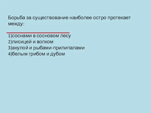 Борьба за существование наиболее остро протекает между: 1)соснами в сосновом лесу 2)лисицей