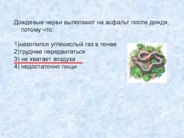 Дождевые черви выползают на асфальт после дождя, потому что: 1)накопился углекислый газ