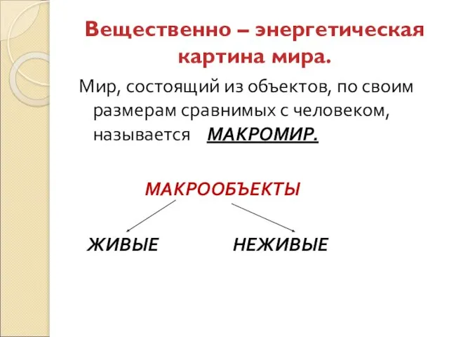 Вещественно – энергетическая картина мира. Мир, состоящий из объектов, по своим размерам