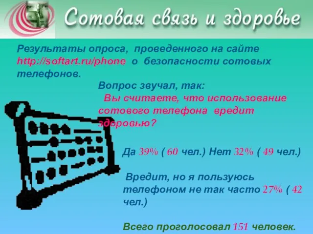 Результаты опроса, проведенного на сайте http://softart.ru/phone о безопасности сотовых телефонов. Вопрос звучал,