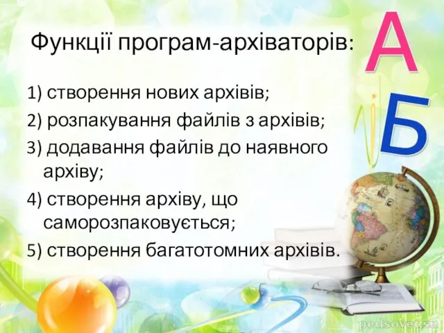 Функції програм-архіваторів: 1) створення нових архівів; 2) розпакування файлів з архівів; 3)