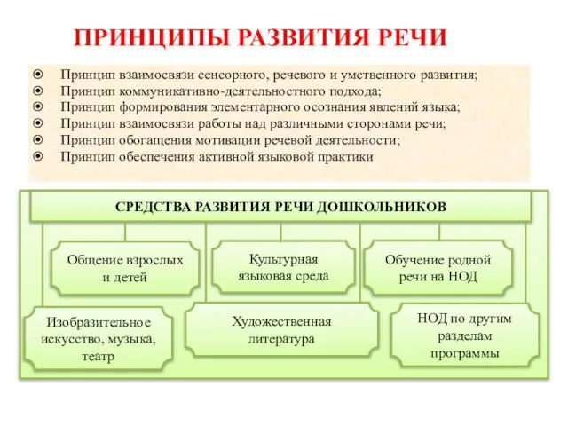 ПРИНЦИПЫ РАЗВИТИЯ РЕЧИ Принцип взаимосвязи сенсорного, речевого и умственного развития; Принцип коммуникативно-деятельностного