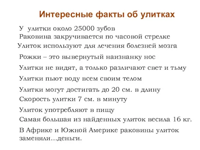 Интересные факты об улитках У улитки около 25000 зубов Раковина закручивается по