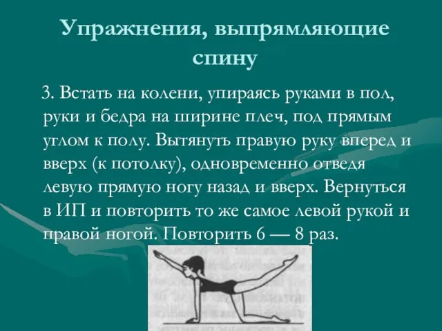 Упражнения, выпрямляющие спину 3. Встать на колени, упираясь руками в пол, руки