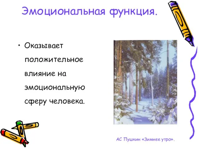 Эмоциональная функция. Оказывает положительное влияние на эмоциональную сферу человека. АС Пушкин «Зимнее утро».