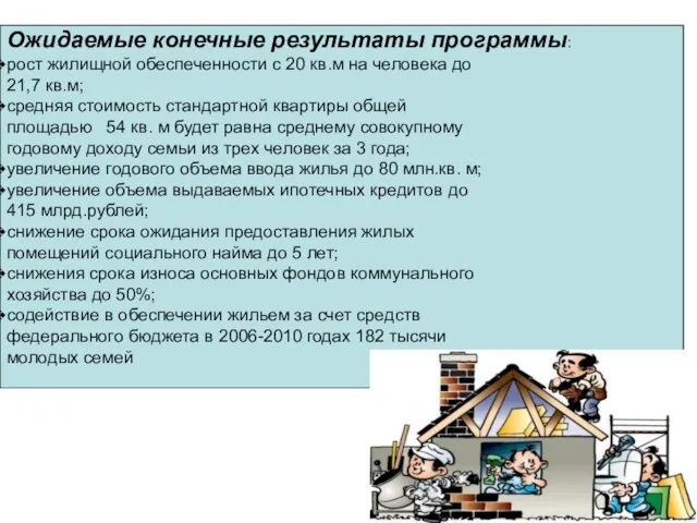 Ожидаемые конечные результаты программы: рост жилищной обеспеченности с 20 кв.м на человека