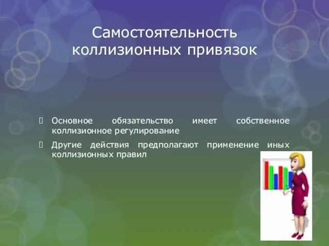 Самостоятельность коллизионных привязок Основное обязательство имеет собственное коллизионное регулирование Другие действия предполагают применение иных коллизионных правил